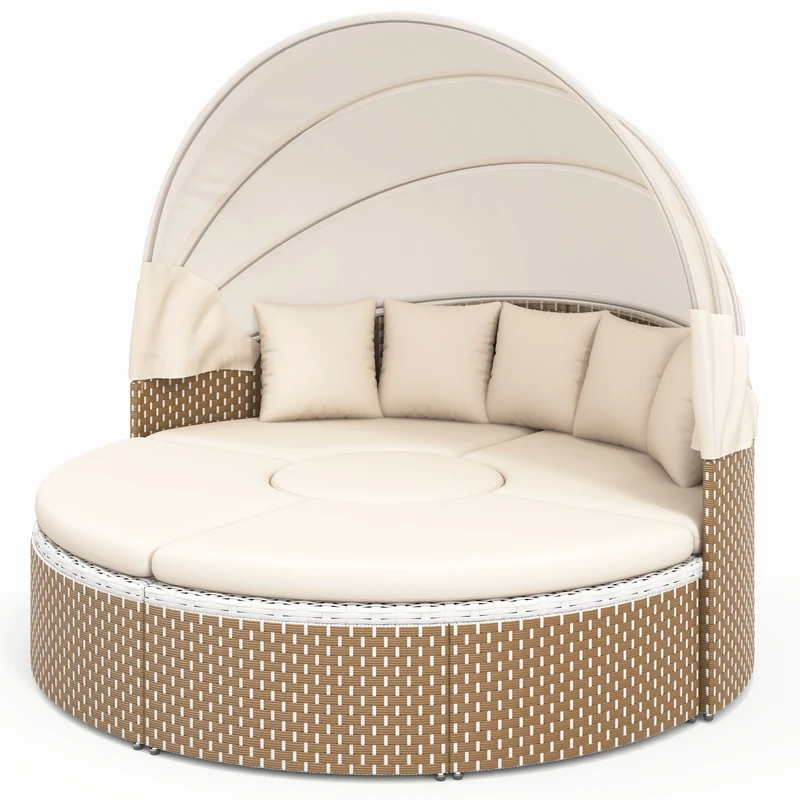 Salon de jardin rond 2-en-1 : lit de soleil modulable, une table basse avec parasol rétractable ARISELX