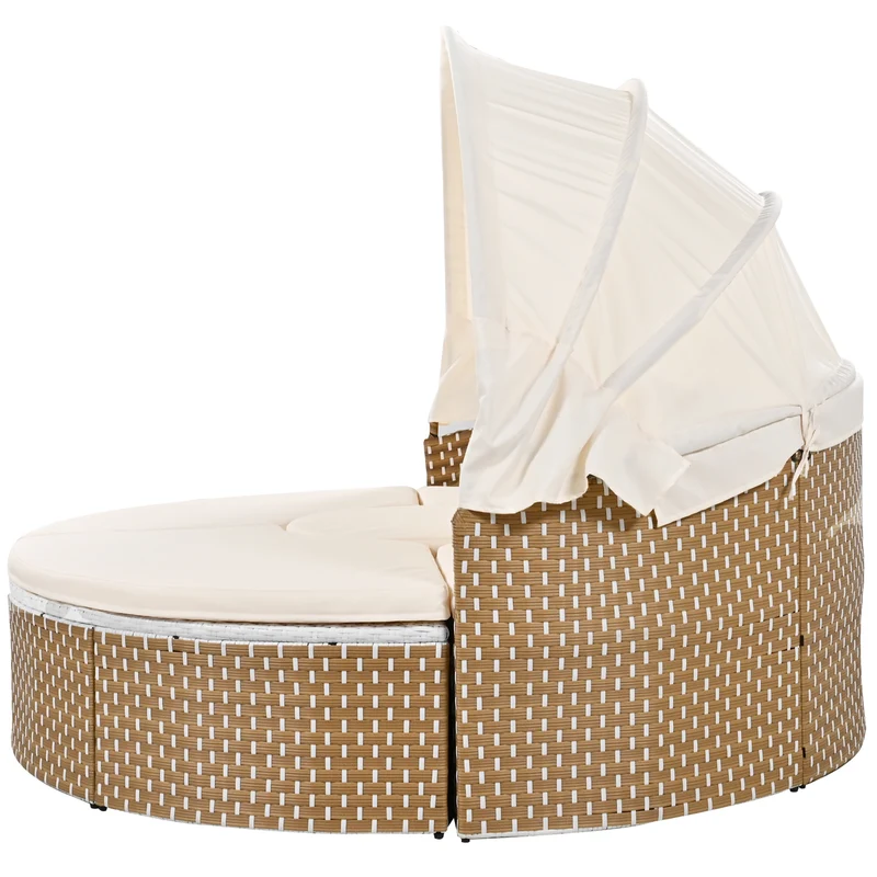 Salon de jardin rond 2-en-1 : lit de soleil modulable, une table basse avec parasol rétractable ARISELX