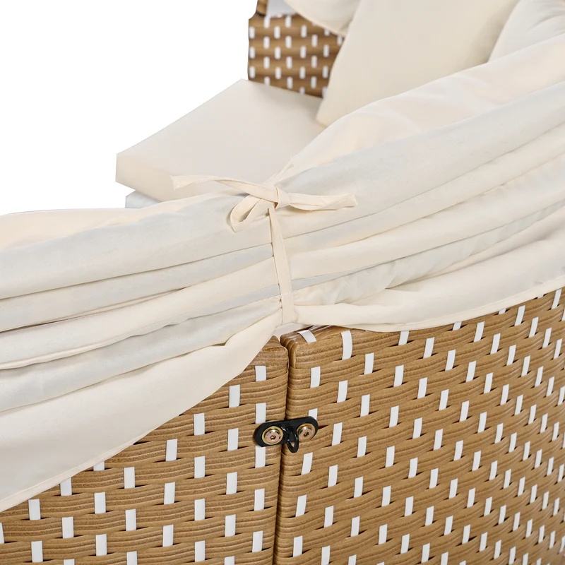 Salon de jardin rond 2-en-1 : lit de soleil modulable, une table basse avec parasol rétractable ARISELX