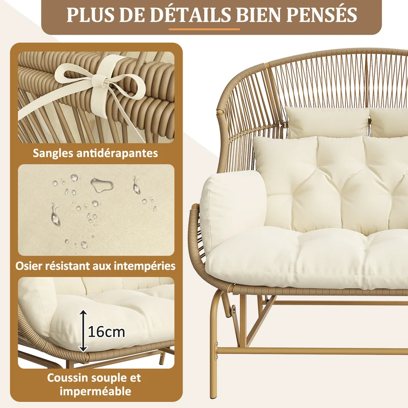 Fauteuil de jardin 2 places en rotin PE coussins confort 145x85x143cm NIMBUSLCA