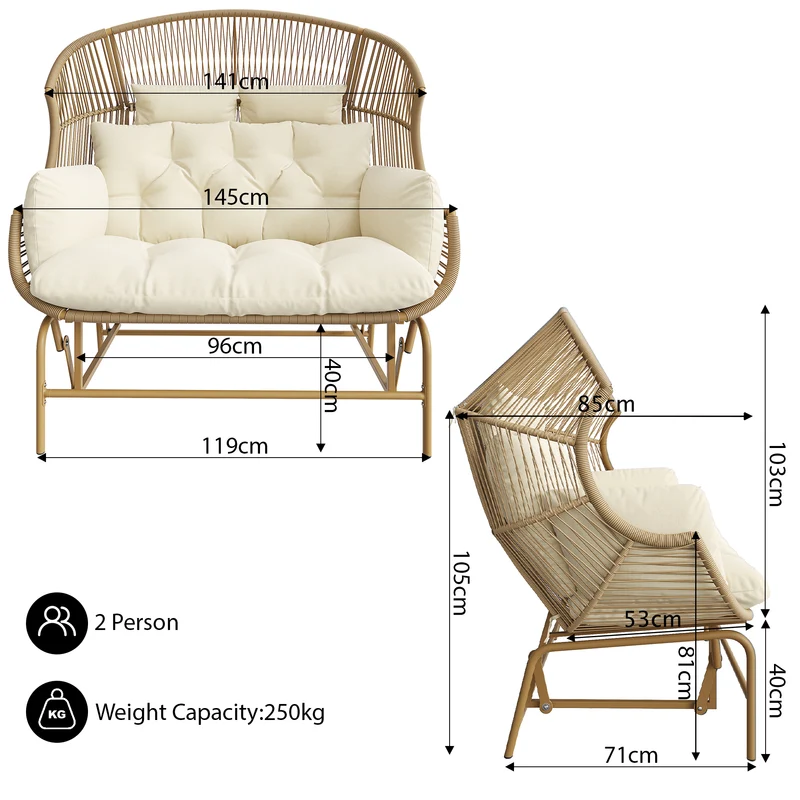 Fauteuil de jardin 2 places en rotin PE coussins confort 145x85x143cm NIMBUSLCA