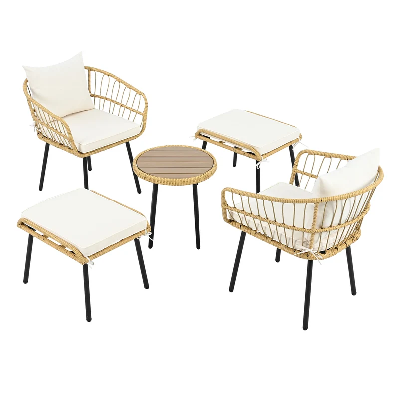 Salon de jardin 5 pièces en rotin naturel, table basse, 2 chaises, 2 tabourets VIVIDLS