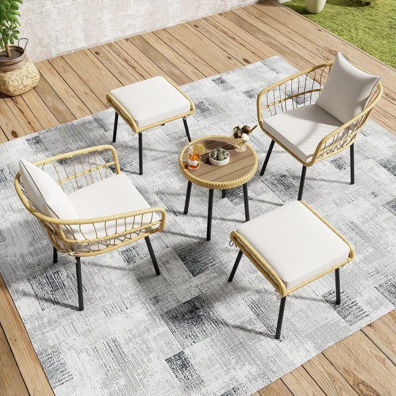 Salon de jardin 5 pièces en rotin naturel, table basse, 2 chaises, 2 tabourets VIVIDLS