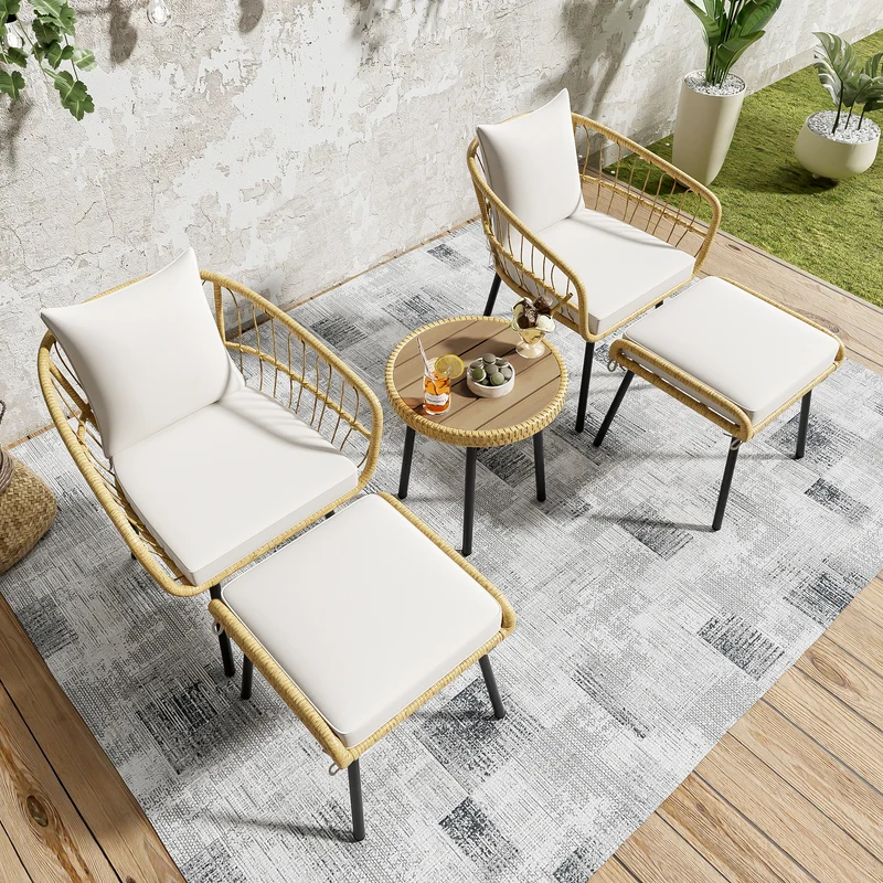 Salon de jardin 5 pièces en rotin naturel, table basse, 2 chaises, 2 tabourets VIVIDLS