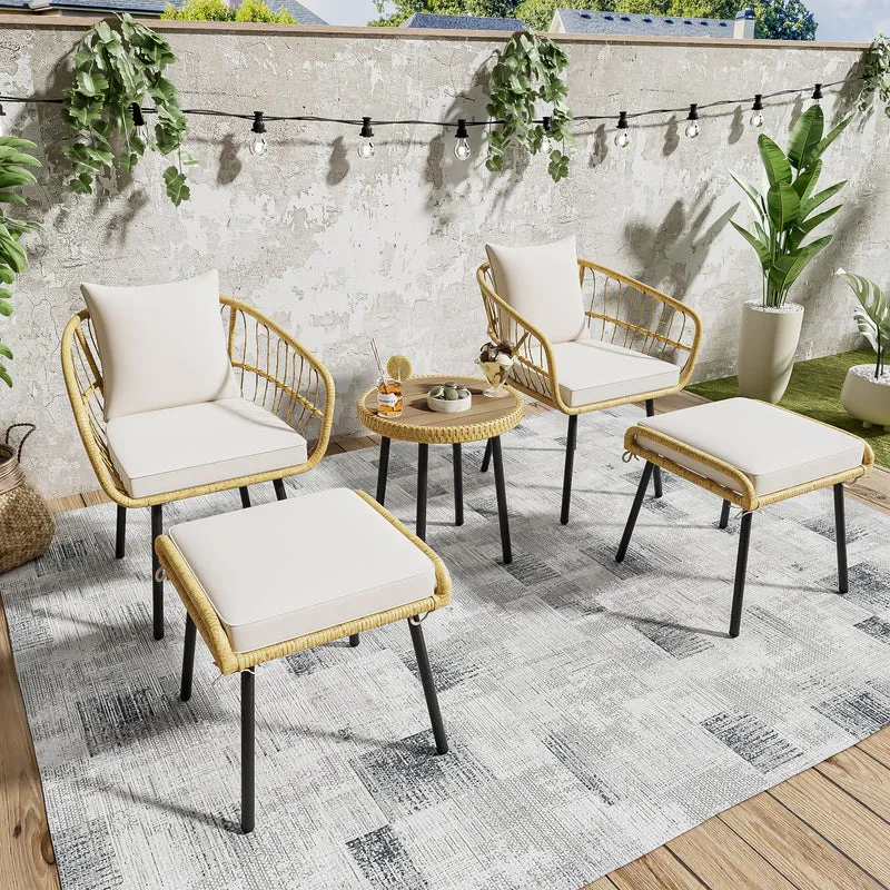 Salon de jardin 5 pièces en rotin naturel, table basse, 2 chaises, 2 tabourets VIVIDLS