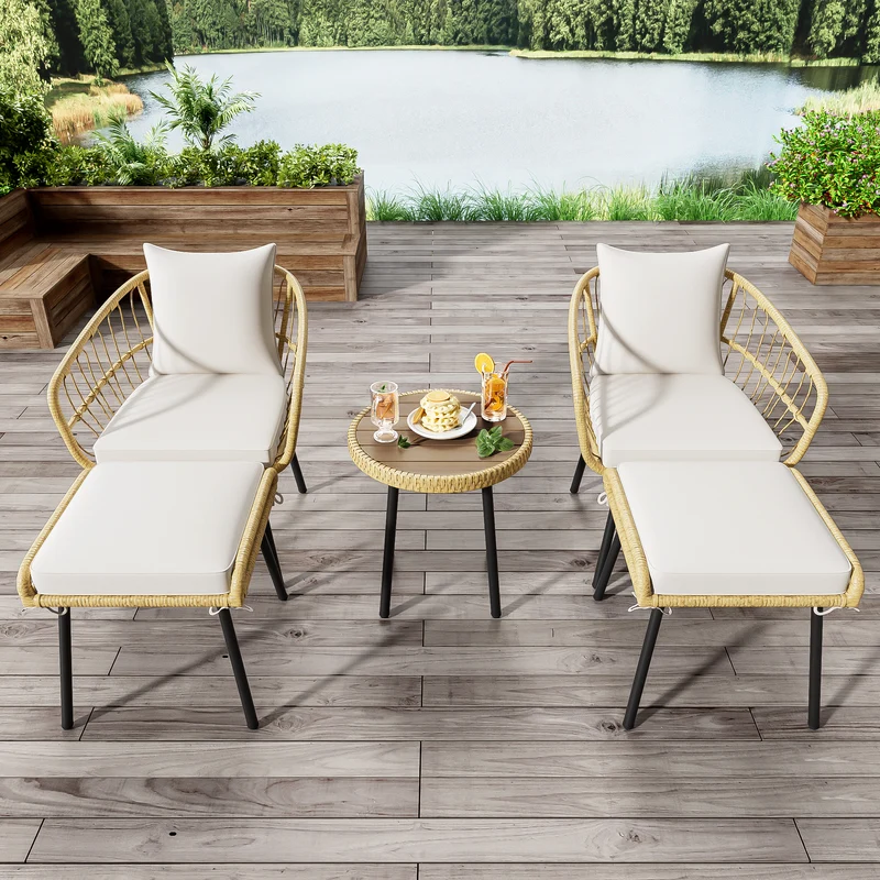Salon de jardin 5 pièces en rotin naturel, table basse, 2 chaises, 2 tabourets VIVIDLS