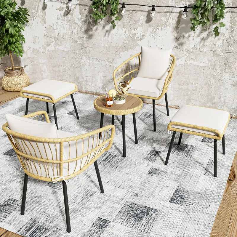 Salon de jardin 5 pièces en rotin naturel, table basse, 2 chaises, 2 tabourets VIVIDLS