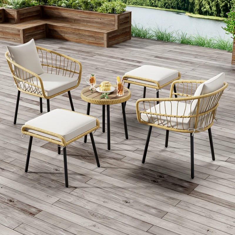 Salon de jardin 5 pièces en rotin naturel, table basse, 2 chaises, 2 tabourets VIVIDLS