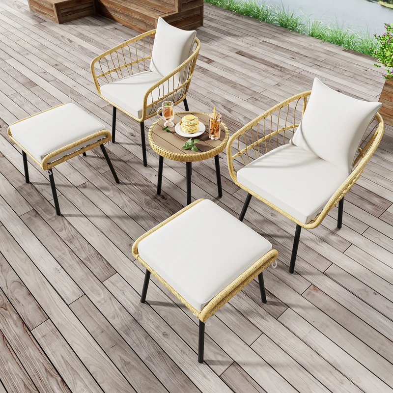 Salon de jardin 5 pièces en rotin naturel, table basse, 2 chaises, 2 tabourets VIVIDLS