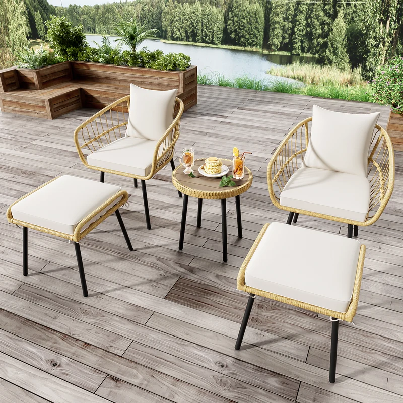 Salon de jardin 5 pièces en rotin naturel, table basse, 2 chaises, 2 tabourets VIVIDLS