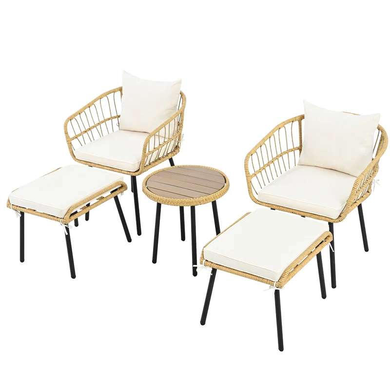 Salon de jardin 5 pièces en rotin naturel, table basse, 2 chaises, 2 tabourets VIVIDLS