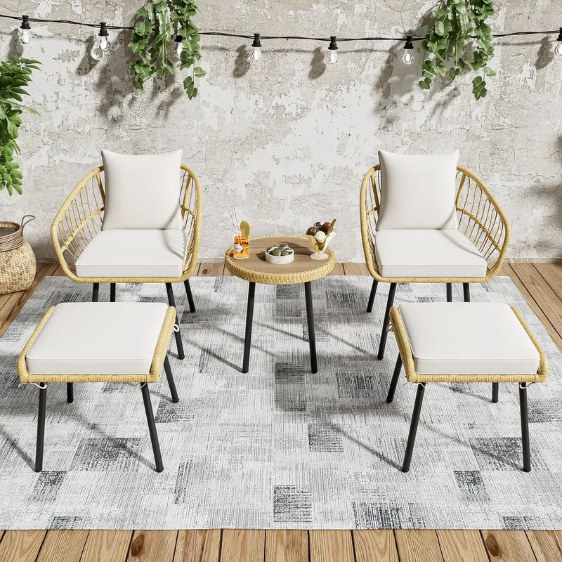 Salon de jardin 5 pièces en rotin naturel, table basse, 2 chaises, 2 tabourets VIVIDLS