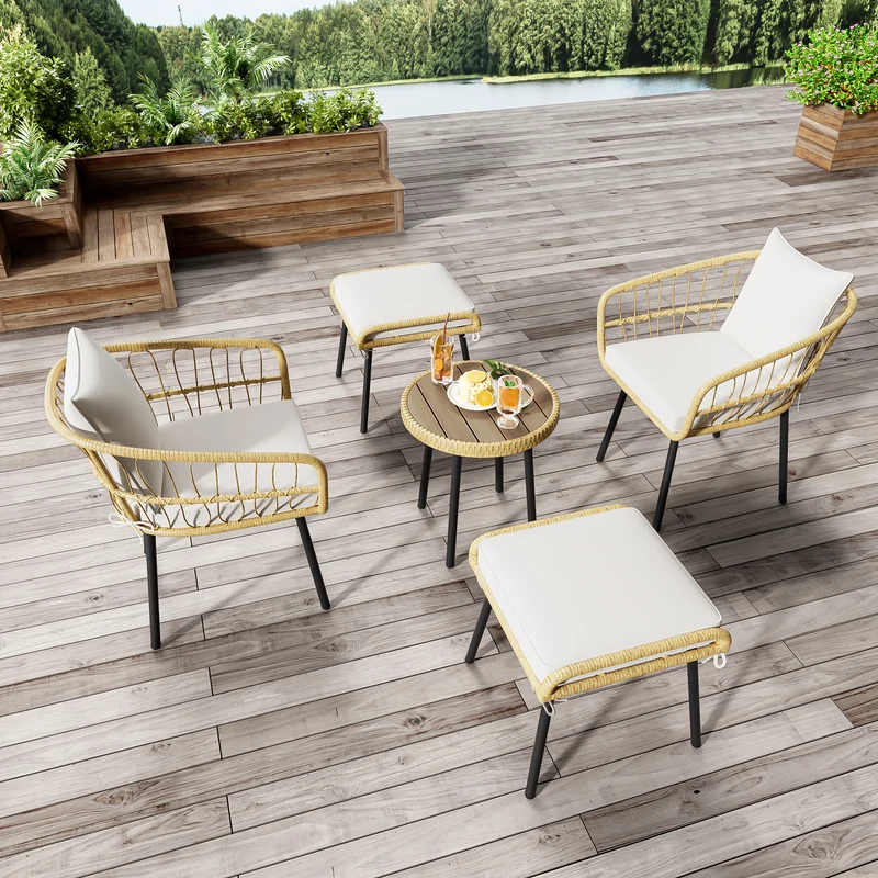 Salon de jardin 5 pièces en rotin naturel, table basse, 2 chaises, 2 tabourets VIVIDLS