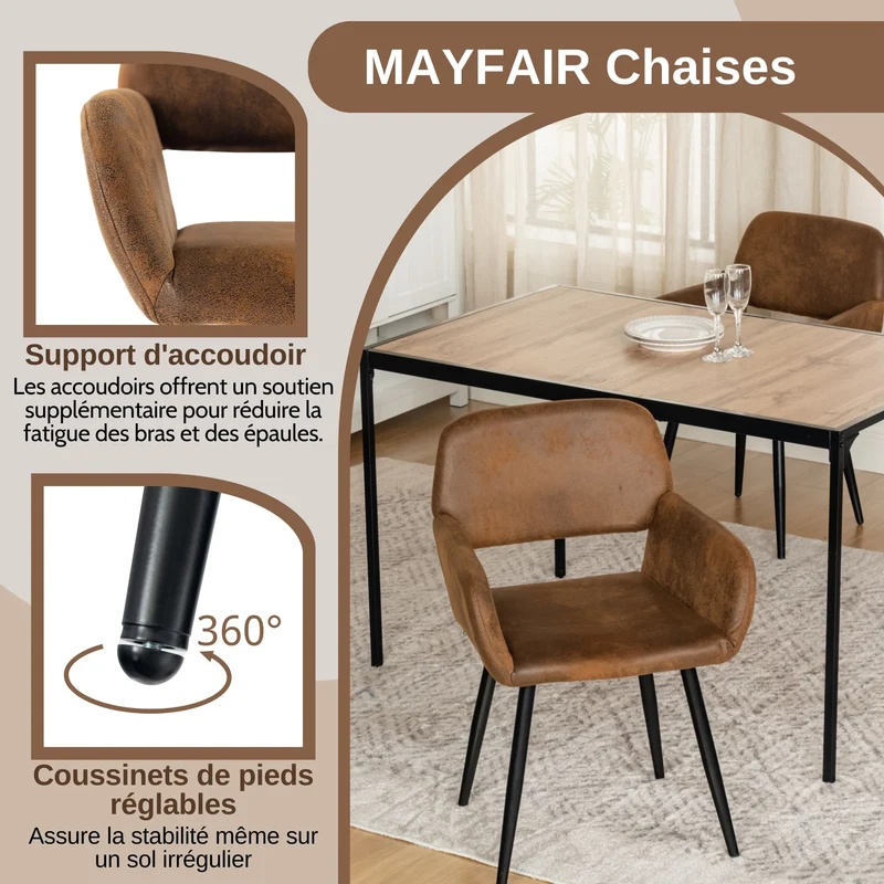 Lot de 2 chaises de salle à manger style industriel tissu marron rétro pieds noirs MAYFAIR SUEDE BROWN