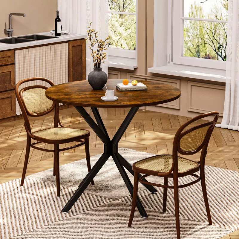 Table de salle à manger ronde vintage effet bois marron rustique 90*90cm CELLWALL