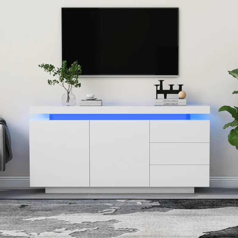 Buffet blanc laqué avec éclairage LED 2 portes 3 tiroirs ZUSTRONS