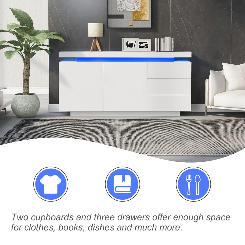 Buffet blanc laqué avec éclairage LED 2 portes 3 tiroirs ZUSTRONS