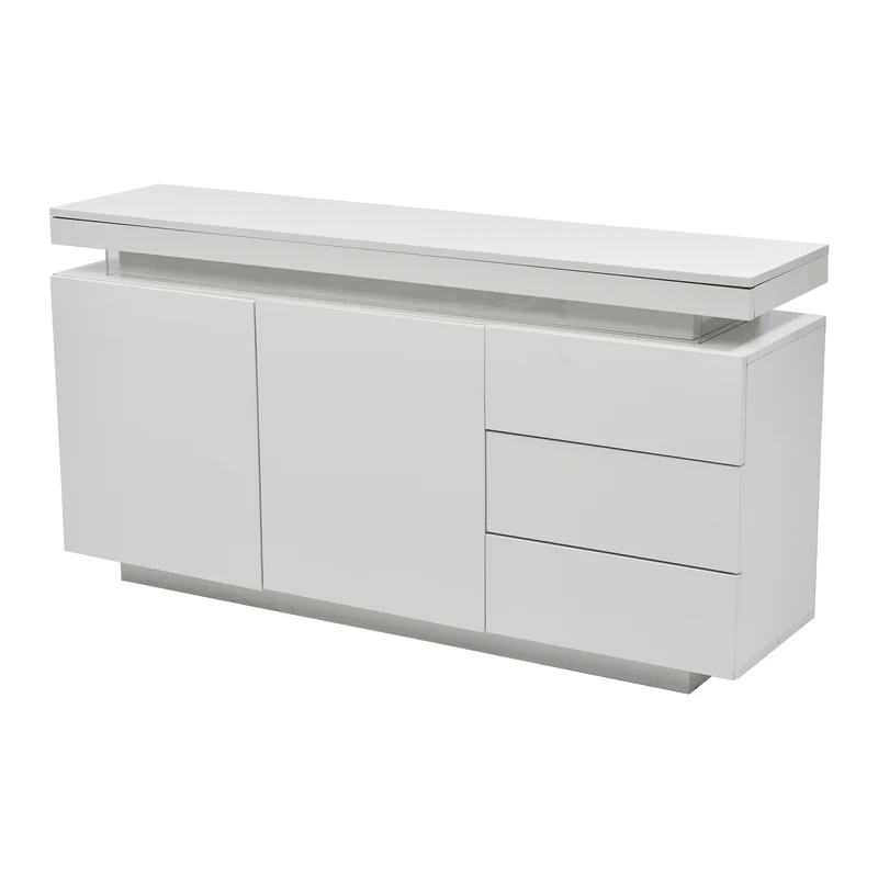 Buffet blanc laqué avec éclairage LED 2 portes 3 tiroirs ZUSTRONS