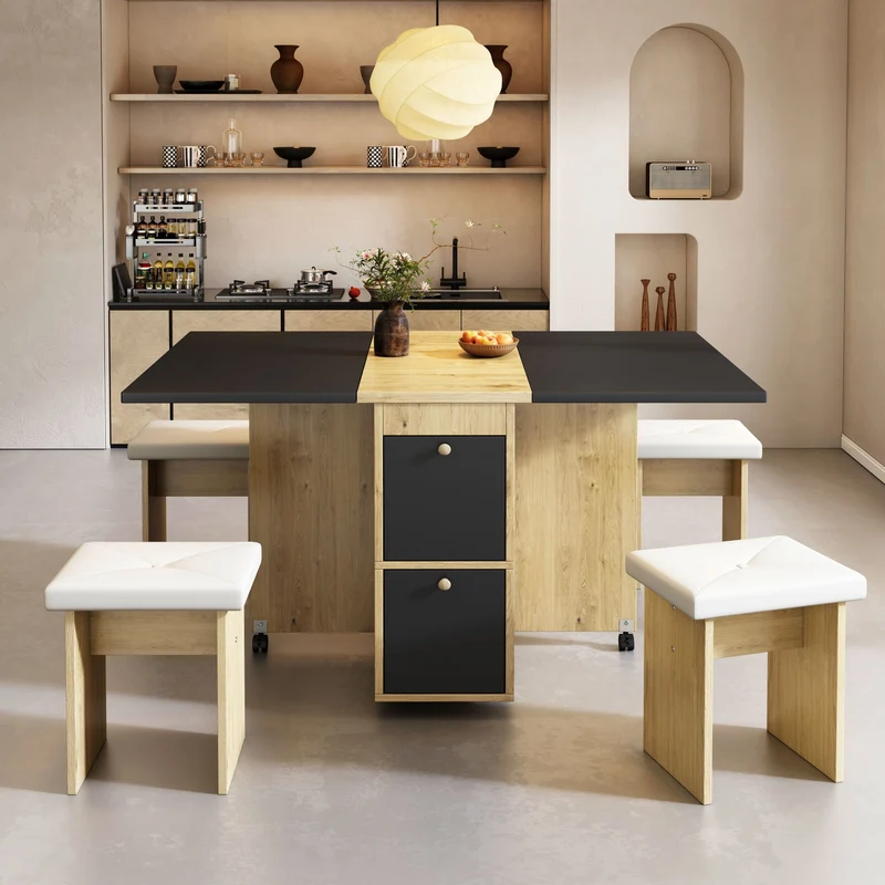 Ensemble table à manger table extensible pliante effet chêne rangement avec 4 tabourets blancs 120*80*75cm KONQRILS