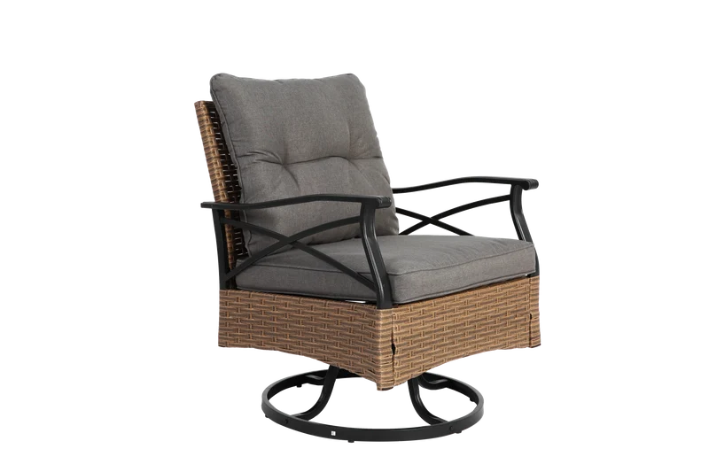 Salon de jardin rotatif 3 pièces, 2 fauteuils pivotants en rotin PE marron/gris + 1 table basse ensemble ASCENESIA
