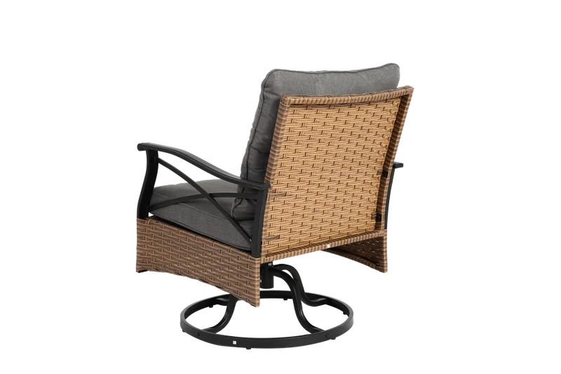 Salon de jardin rotatif 3 pièces, 2 fauteuils pivotants en rotin PE marron/gris + 1 table basse ensemble ASCENESIA