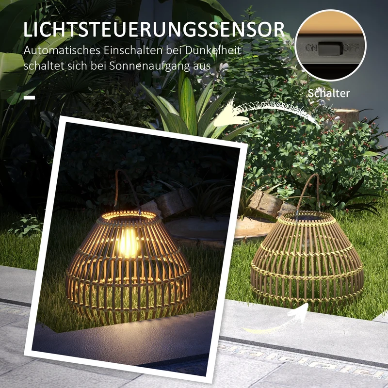 Lampe solaire suspendu extérieur rattan étanche avec capteur de lumière LED, design tambour Ø31x32cm DUSKDUNE