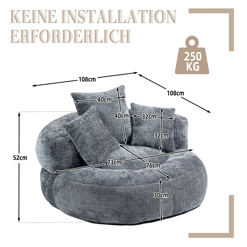 Canapé chauffeuse fauteuil rond en velours chenille gris fauteuil lounge HORNWORTNEEDLE