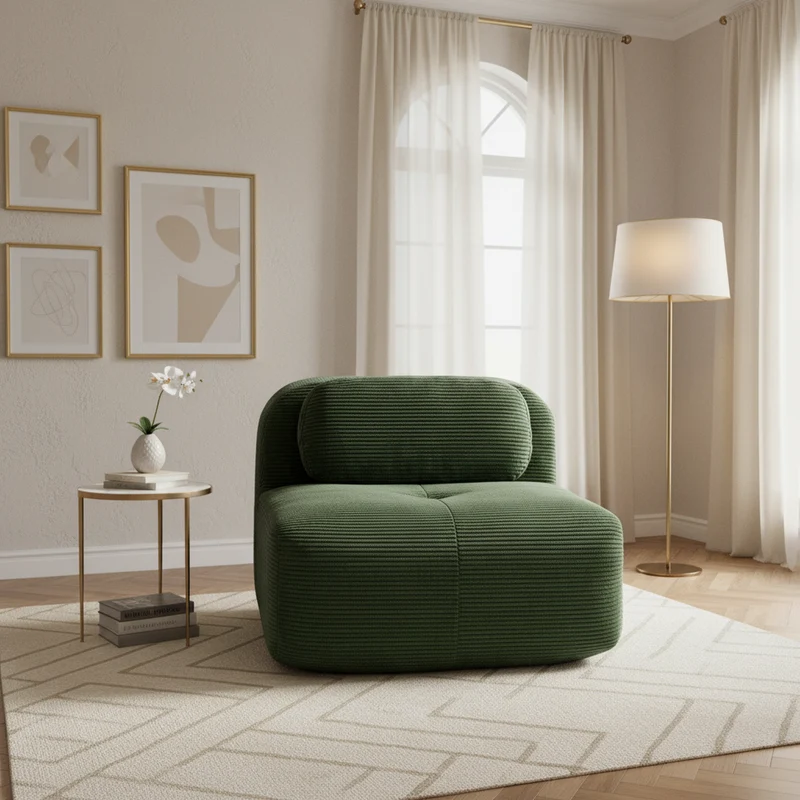 Canapé 1 place modulable en velours côtelé vert kaki avec oreiller et pouf, 90x178x70cm VISCIDIUM