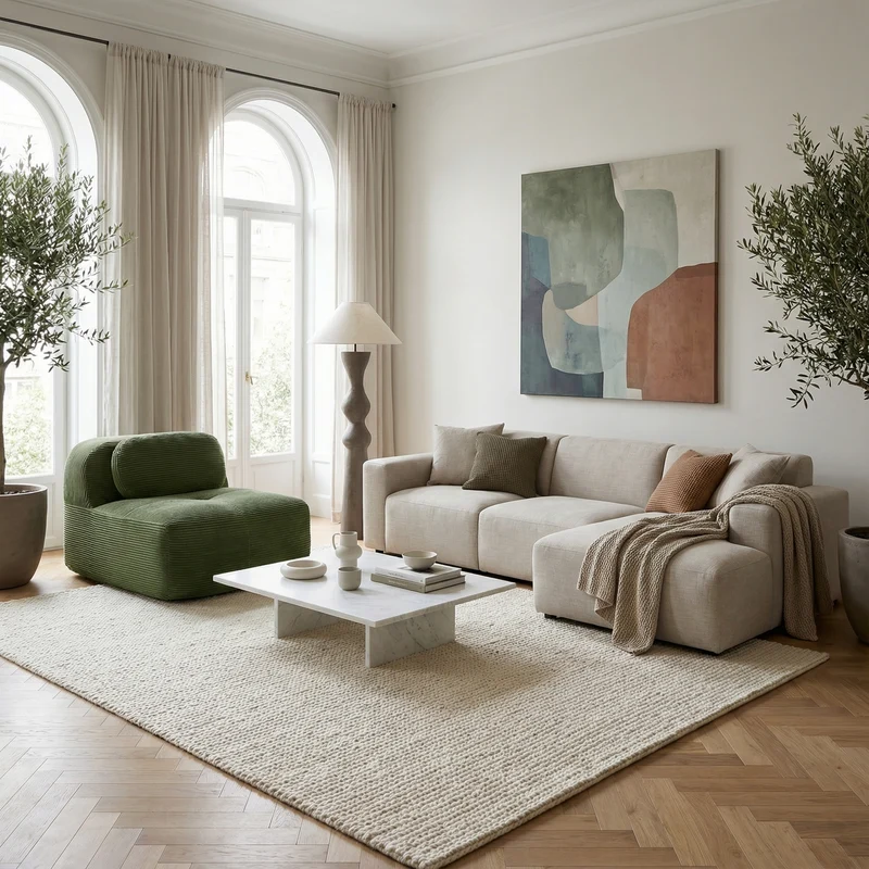 Canapé 1 place modulable en velours côtelé vert kaki avec oreiller et pouf, 90x178x70cm VISCIDIUM