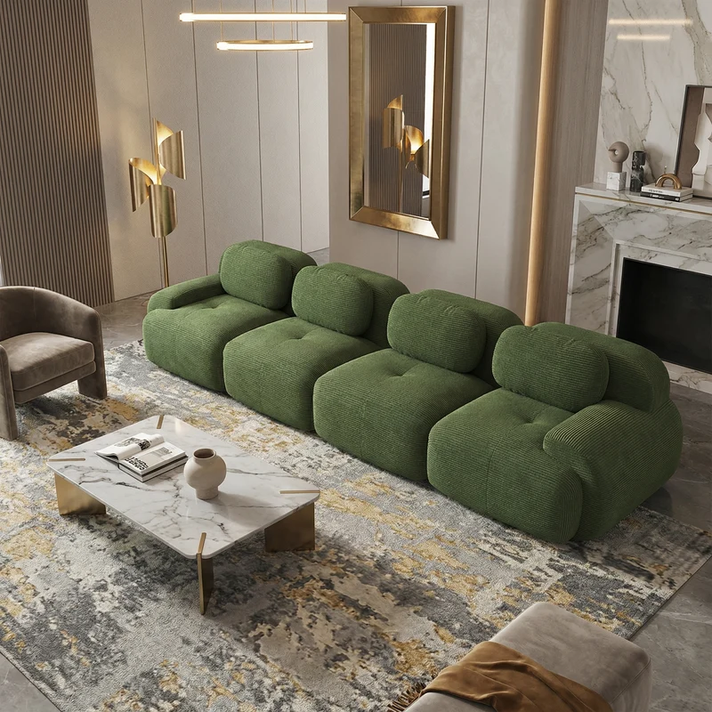 Grand canapé 4 places modulable en velours côtelé vert kaki avec accoudoirs courbés, confort premium, sans montage VANE