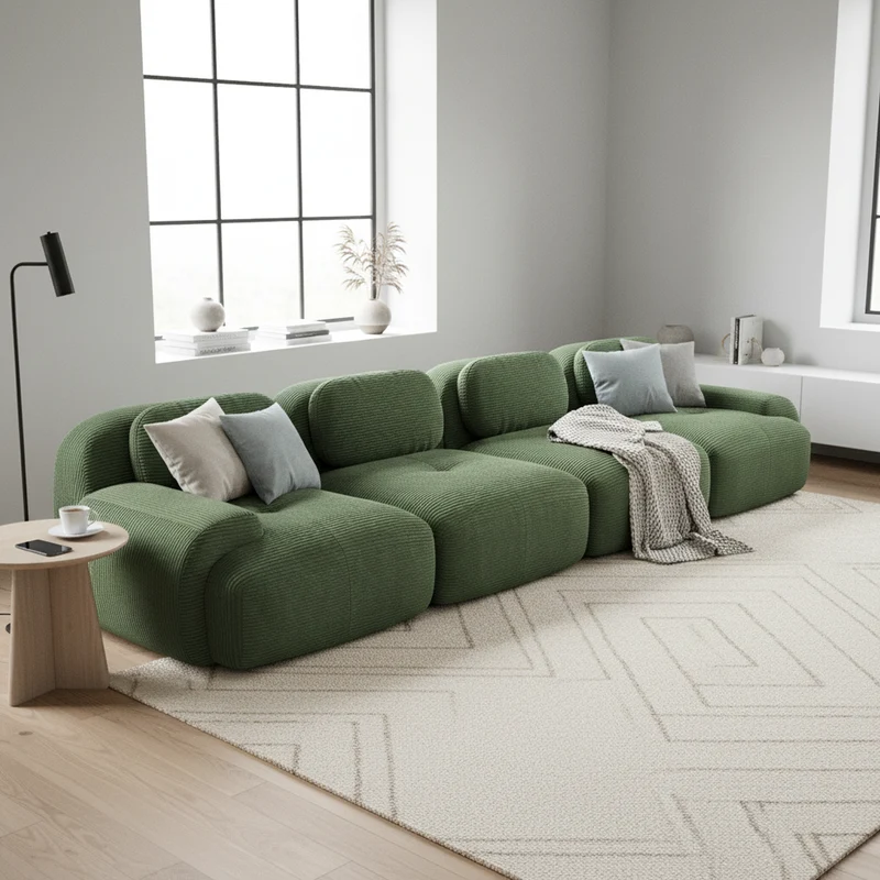 Grand canapé 4 places modulable en velours côtelé vert kaki avec accoudoirs courbés, confort premium, sans montage VANE