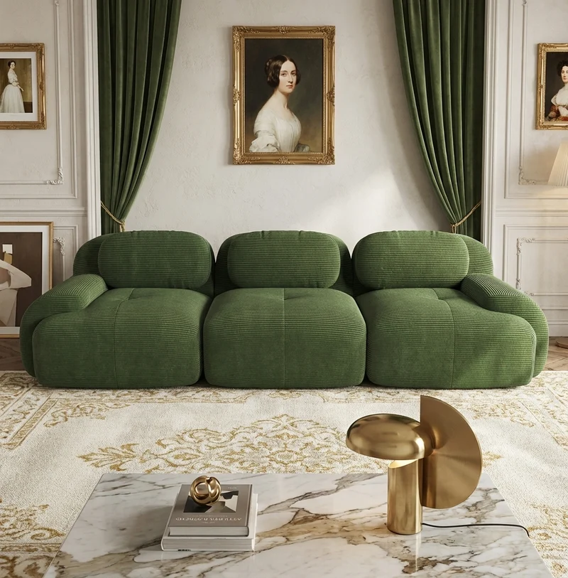 Canapé 3 places modulable en velours côtelé vert kaki et accoudoirs courbés, sans montage MERISTEM