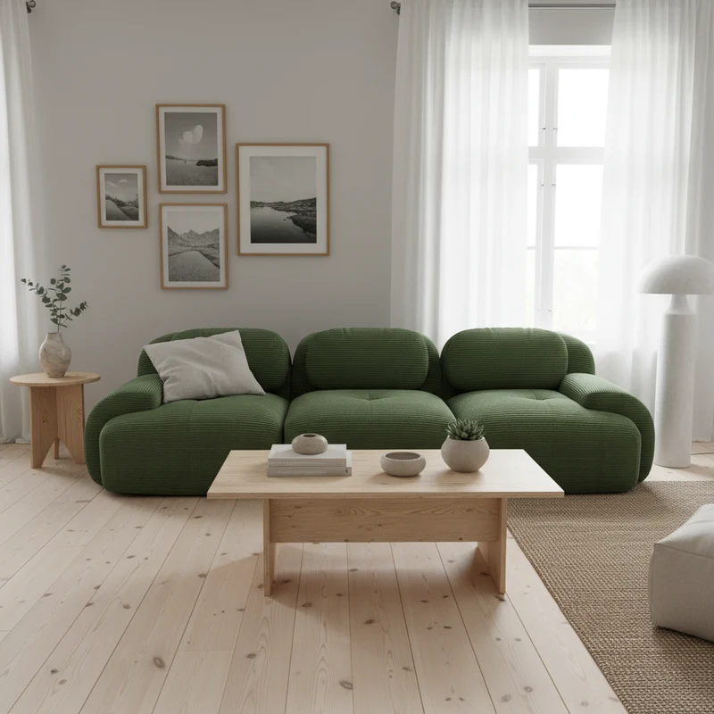 Canapé 3 places modulable en velours côtelé vert kaki et accoudoirs courbés, sans montage MERISTEM