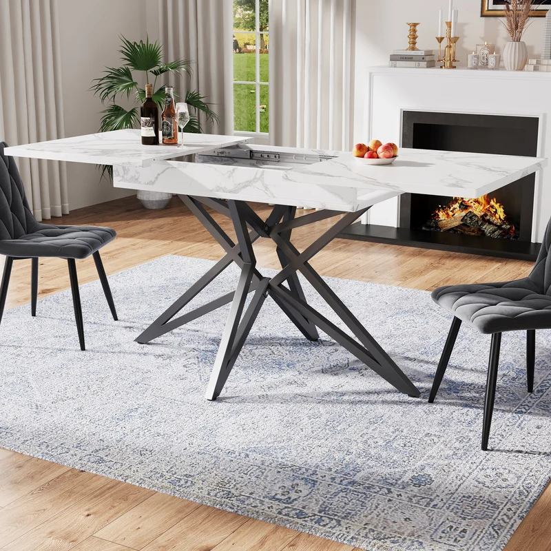 Table de salle à manger extensible imitation marbre blanc 120-160cm et pieds noir en forme d'étoile FISHSCALE