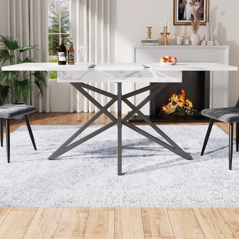 Table de salle à manger extensible imitation marbre blanc 120-160cm et pieds noir en forme d'étoile FISHSCALE