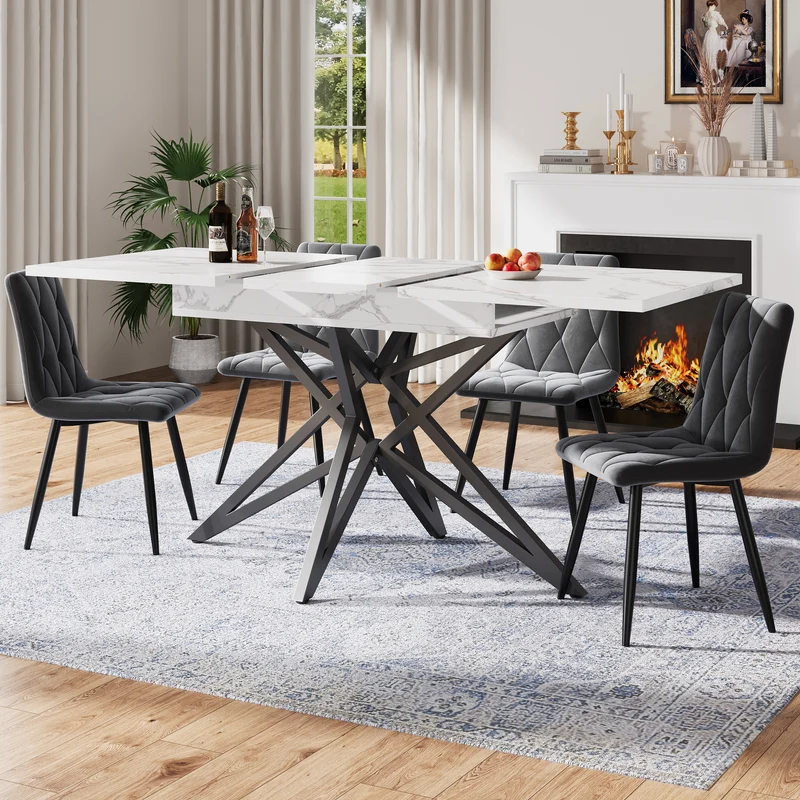 Table de salle à manger extensible imitation marbre blanc 120-160cm et pieds noir en forme d'étoile FISHSCALE
