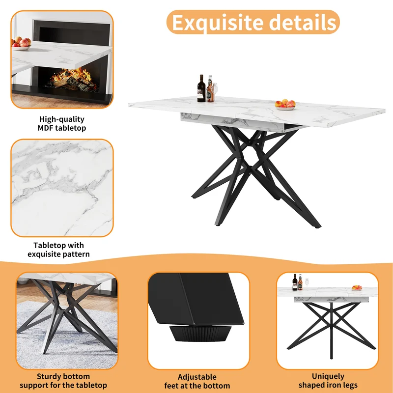 Table de salle à manger extensible imitation marbre blanc 120-160cm et pieds noir en forme d'étoile FISHSCALE