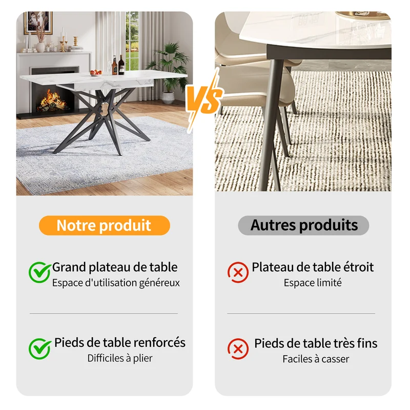 Table de salle à manger extensible imitation marbre blanc 120-160cm et pieds noir en forme d'étoile FISHSCALE