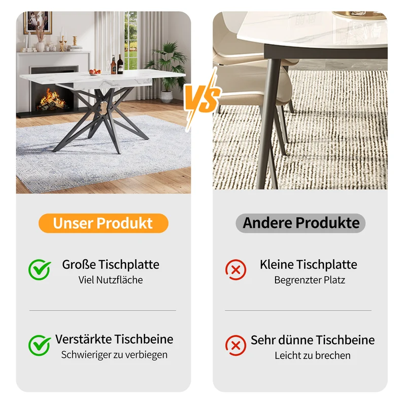 Table de salle à manger extensible imitation marbre blanc 120-160cm et pieds noir en forme d'étoile FISHSCALE