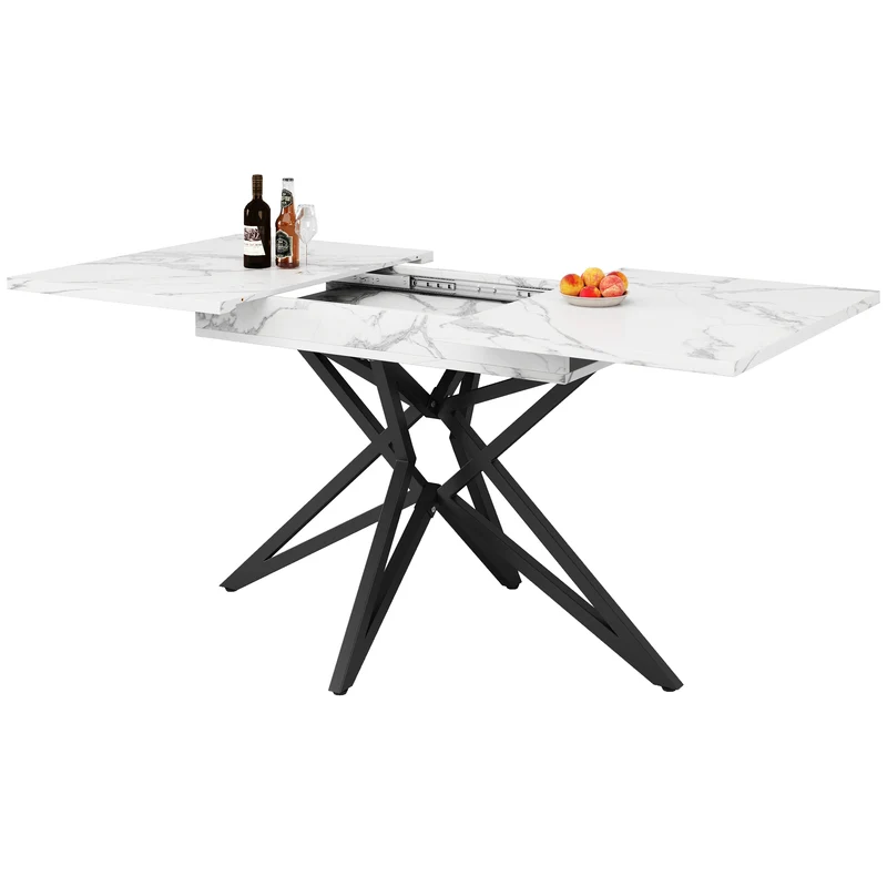 Table de salle à manger extensible imitation marbre blanc 120-160cm et pieds noir en forme d'étoile FISHSCALE