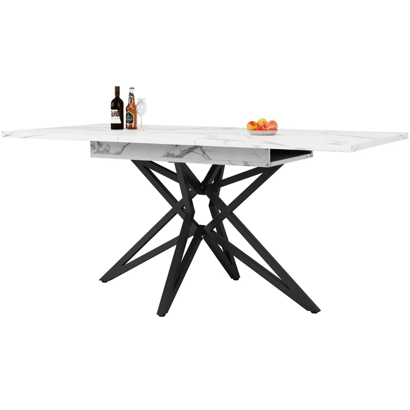 Table de salle à manger extensible imitation marbre blanc 120-160cm et pieds noir en forme d'étoile FISHSCALE