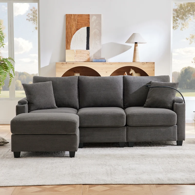 Canapé d'angle modulable velours côtelé gris, 3-4 places avec pouf amovible, ports USB et porte-gobelets GEYSERFOUNT