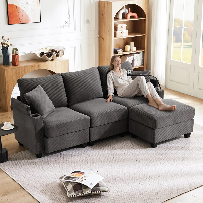 Canapé d'angle modulable velours côtelé gris, 3-4 places avec pouf amovible, ports USB et porte-gobelets GEYSERFOUNT