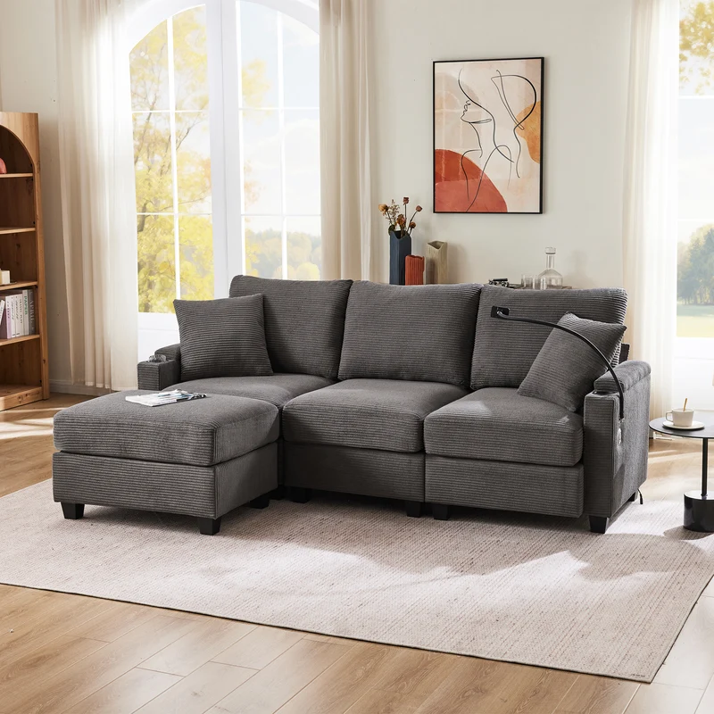 Canapé d'angle modulable velours côtelé gris, 3-4 places avec pouf amovible, ports USB et porte-gobelets GEYSERFOUNT