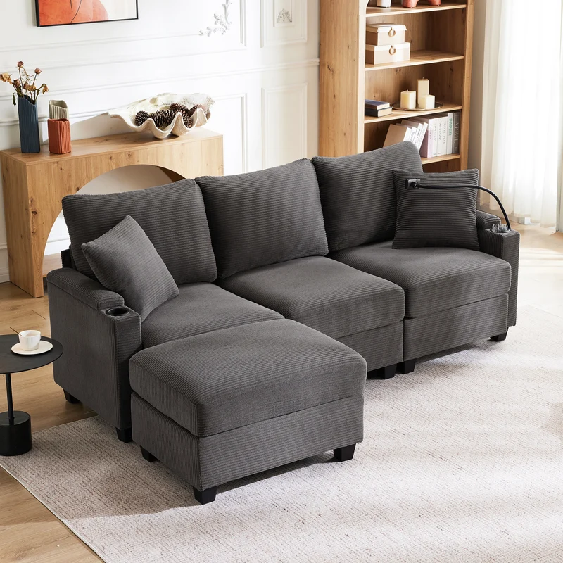 Canapé d'angle modulable velours côtelé gris, 3-4 places avec pouf amovible, ports USB et porte-gobelets GEYSERFOUNT