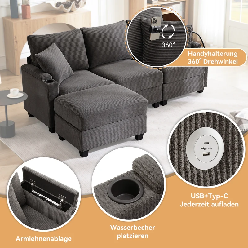 Canapé d'angle modulable velours côtelé gris, 3-4 places avec pouf amovible, ports USB et porte-gobelets GEYSERFOUNT