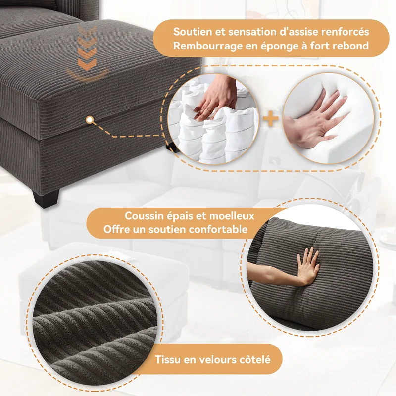 Canapé d'angle modulable velours côtelé gris, 3-4 places avec pouf amovible, ports USB et porte-gobelets GEYSERFOUNT