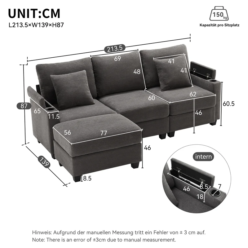 Canapé d'angle modulable velours côtelé gris, 3-4 places avec pouf amovible, ports USB et porte-gobelets GEYSERFOUNT