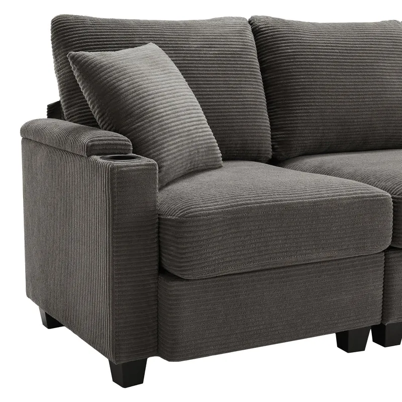 Canapé d'angle modulable velours côtelé gris, 3-4 places avec pouf amovible, ports USB et porte-gobelets GEYSERFOUNT