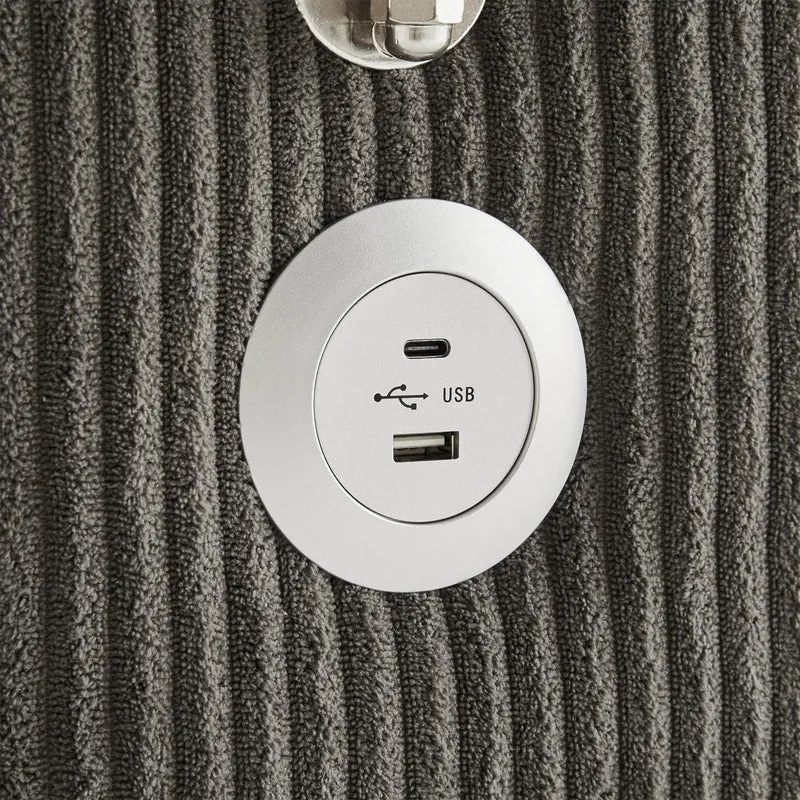 Canapé d'angle modulable velours côtelé gris, 3-4 places avec pouf amovible, ports USB et porte-gobelets GEYSERFOUNT